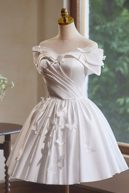 Off Shoulder White Satin Butterfly Homecoming Dress Corset Back F0291