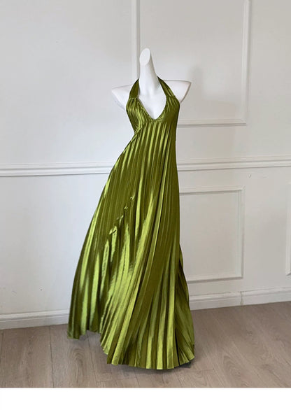 Olive Green Halter Pleated Satin Long Evening Dress F0487