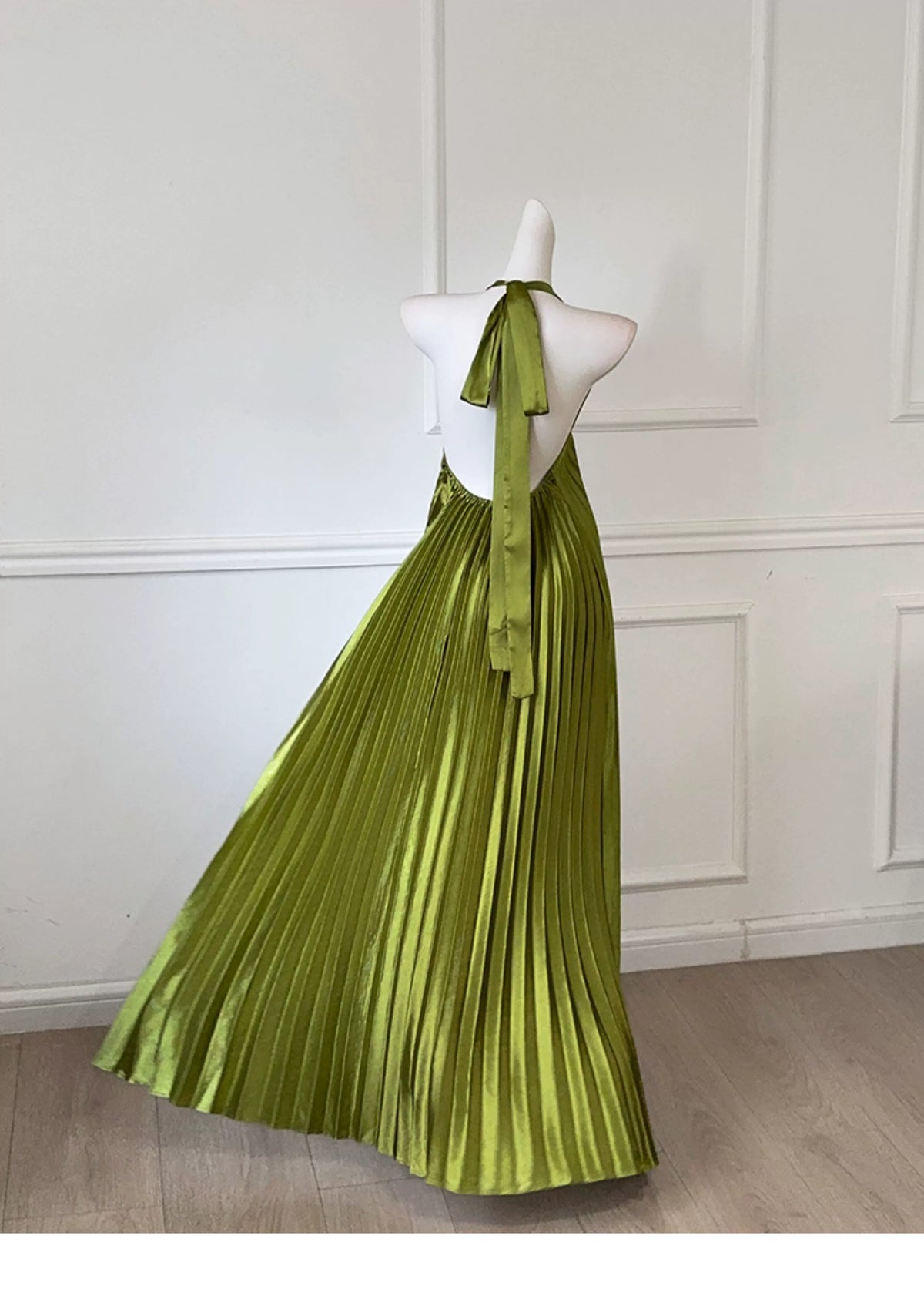Olive Green Halter Pleated Satin Long Evening Dress F0487