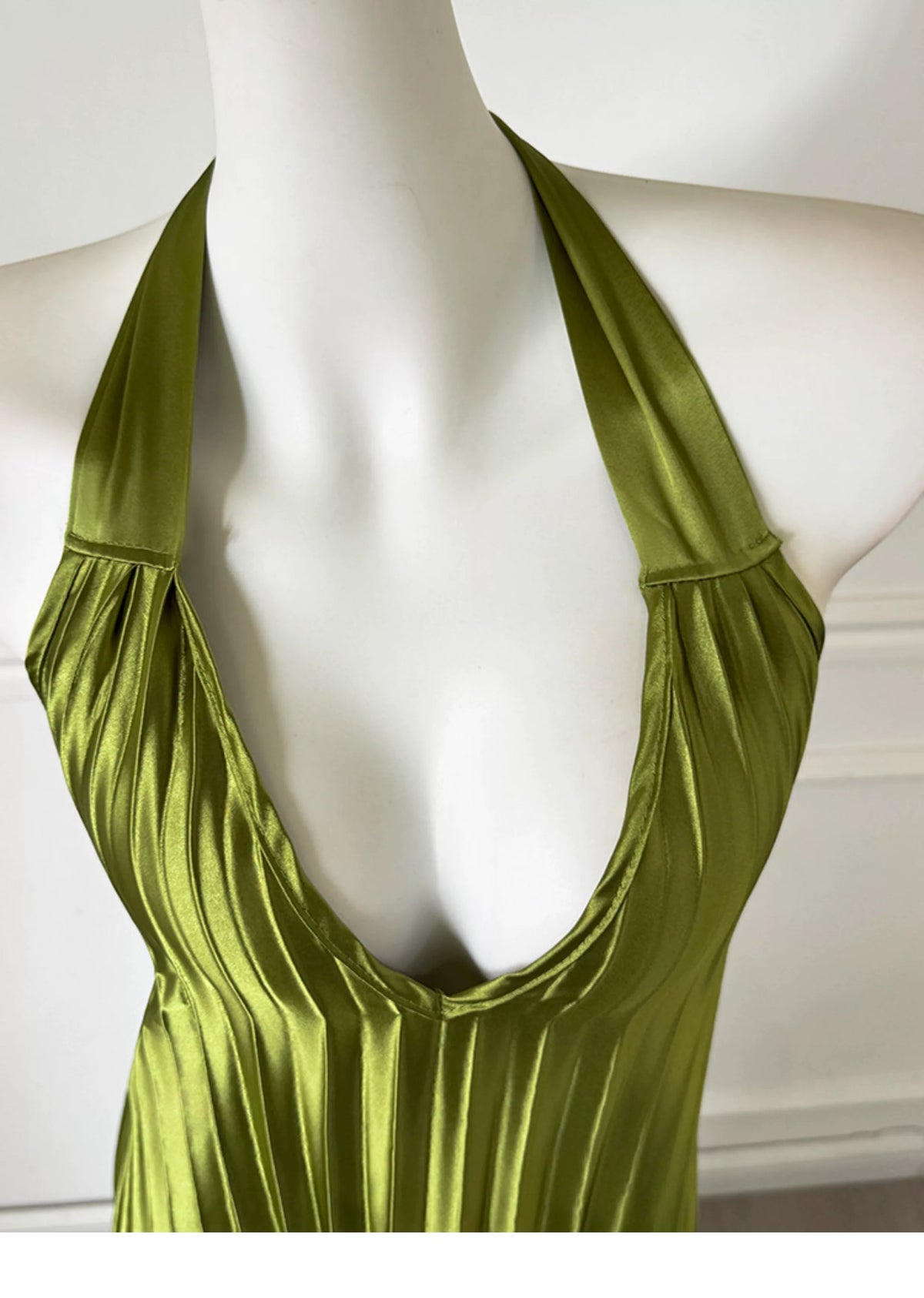 Olive Green Halter Pleated Satin Long Evening Dress F0487