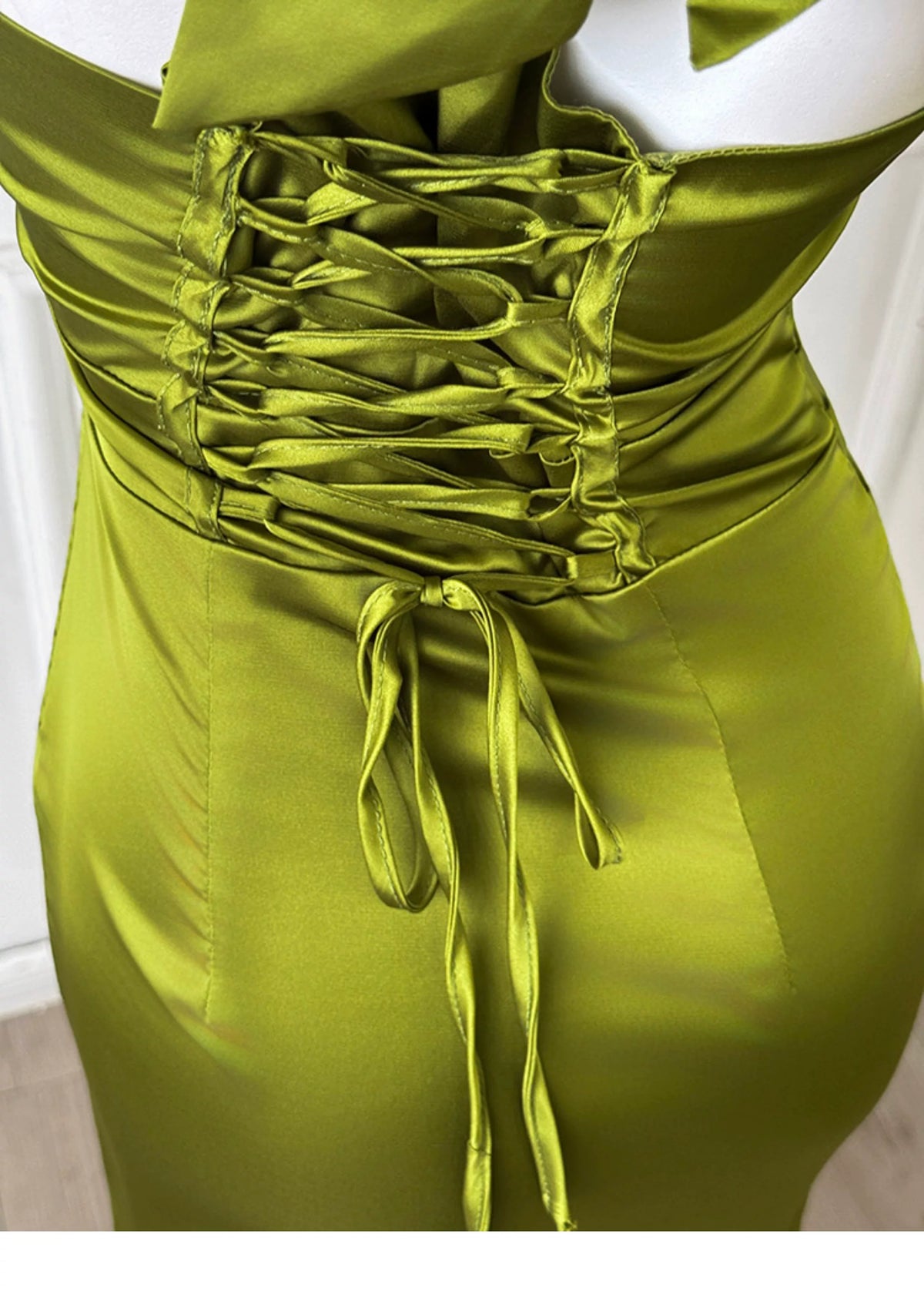 Olive Green Satin Halter Mermaid Evening Dress F0456