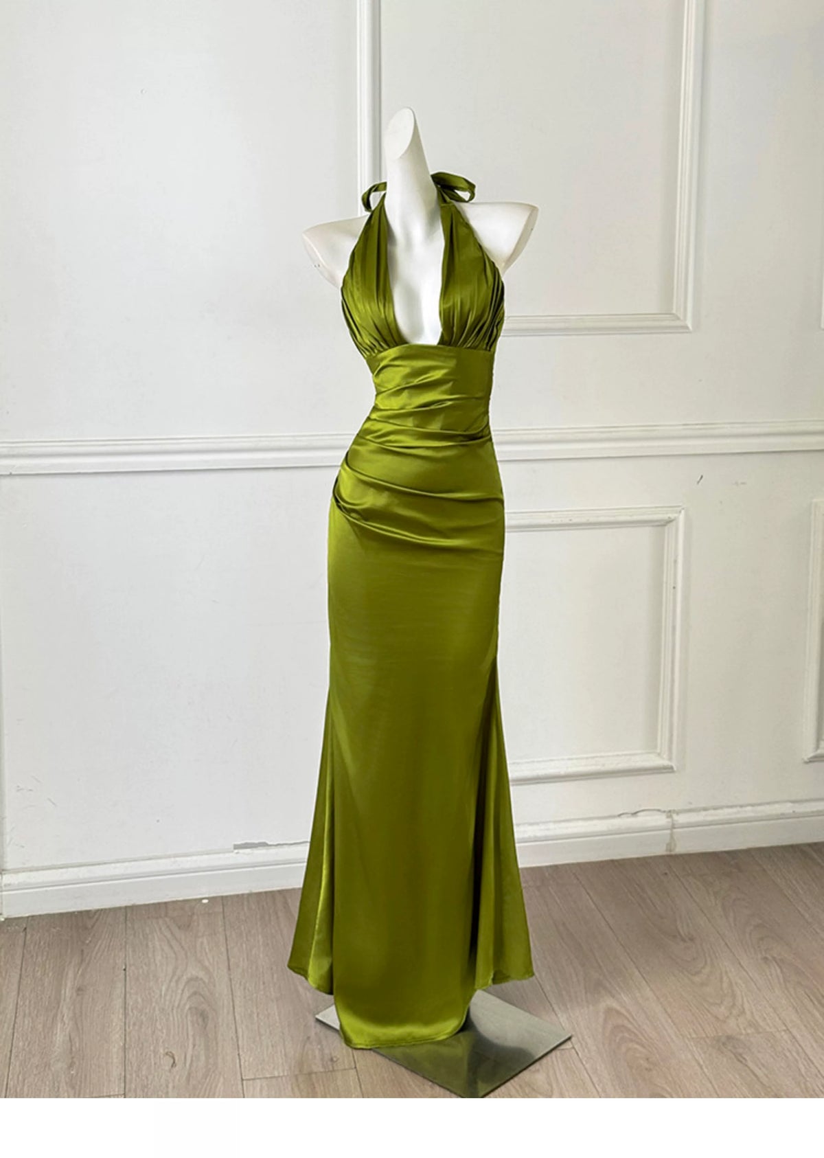 Olive Green Satin Halter Mermaid Evening Dress F0456