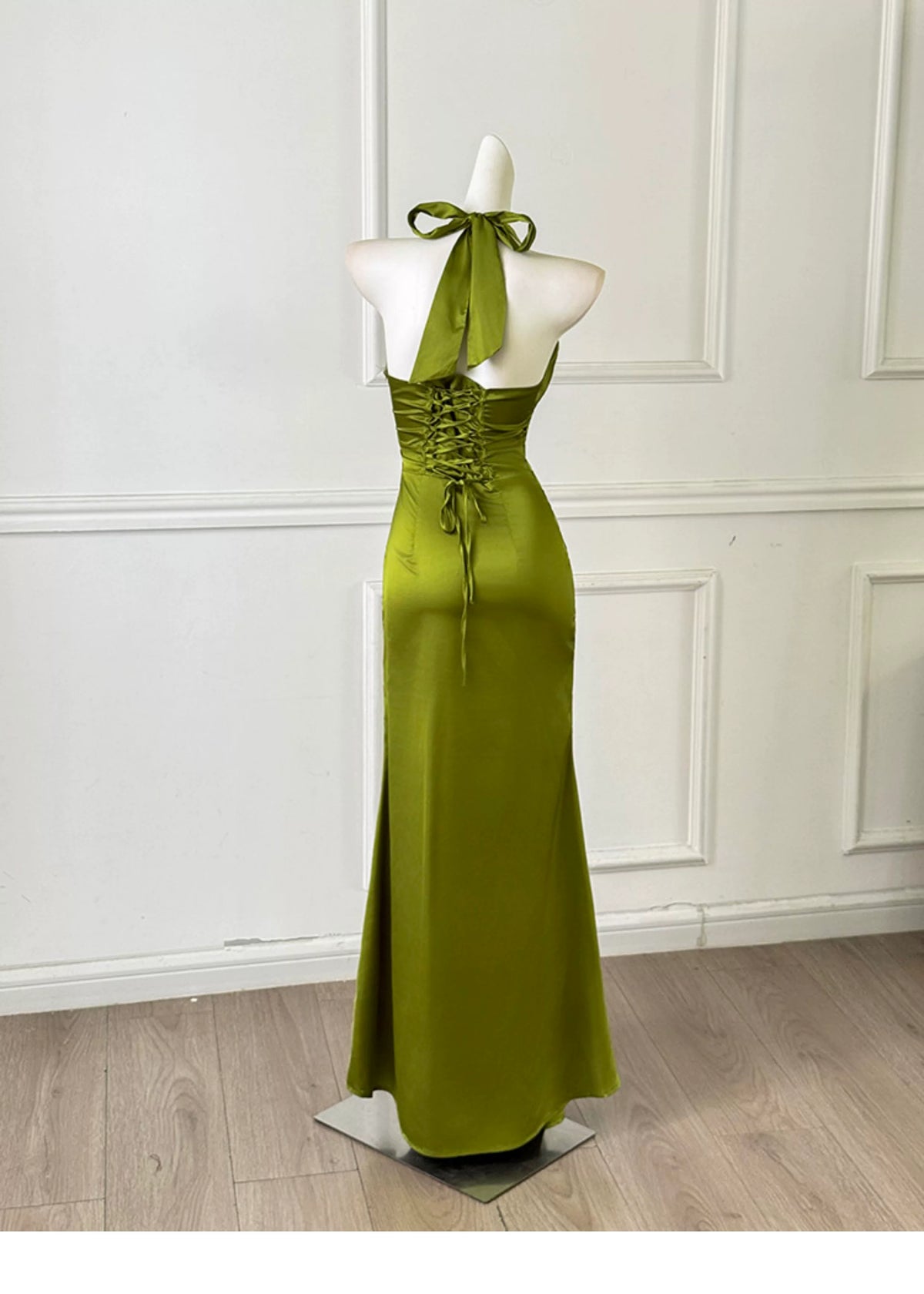 Olive Green Satin Halter Mermaid Evening Dress F0456