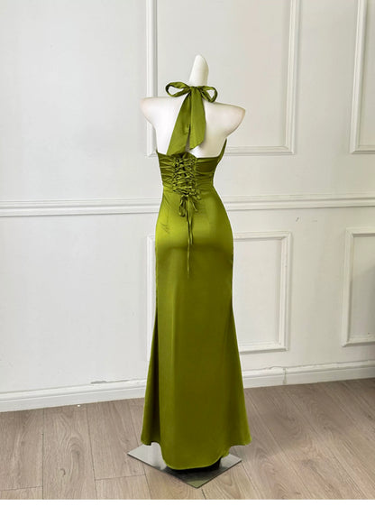Olive Green Satin Halter Mermaid Evening Dress F0456