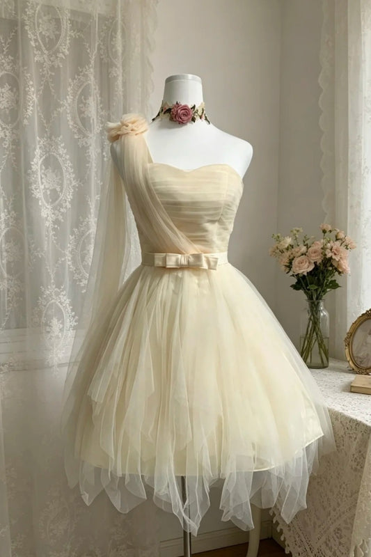 One Shoulder Champagne Tulle Homecoming Dress Floral Bow Mini Dress F0302