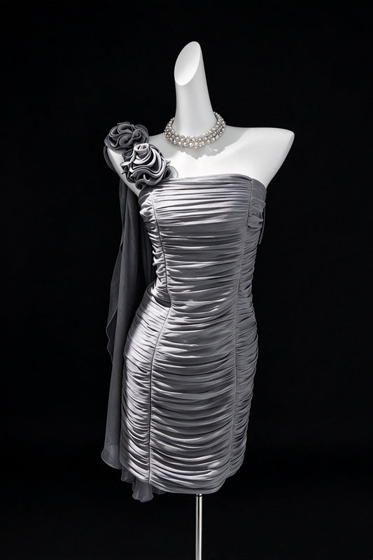 One Shoulder Floral Ruched Formal Mini Dress F0528