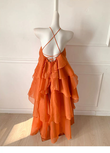 Orange Halter Tiered Ruffle Maxi Dress, Beach Dress F0480