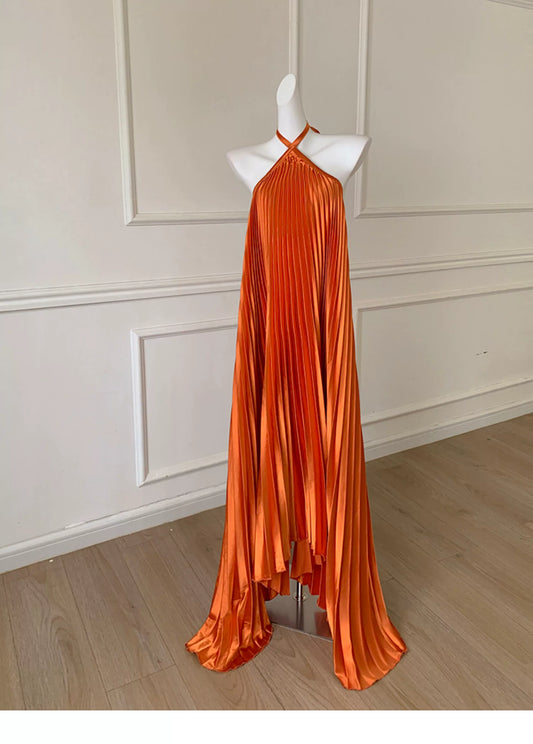 Orange Satin Pleated Halter Maxi Dress F0478