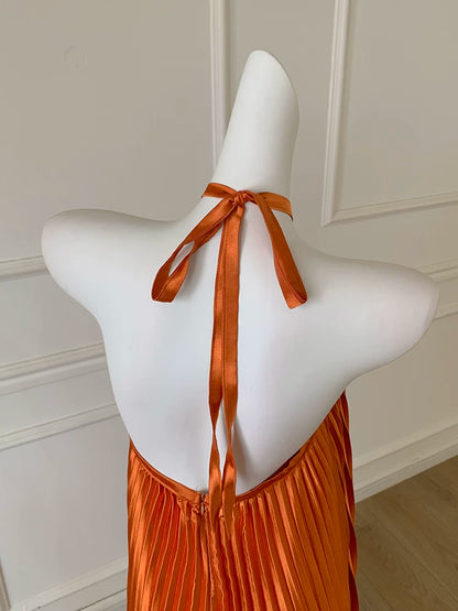 Orange Satin Pleated Halter Maxi Dress F0478