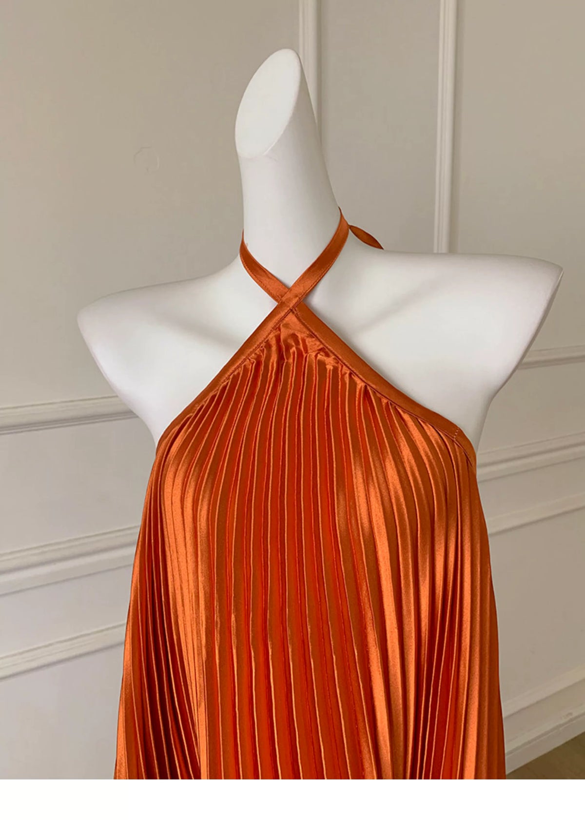 Orange Satin Pleated Halter Maxi Dress F0478