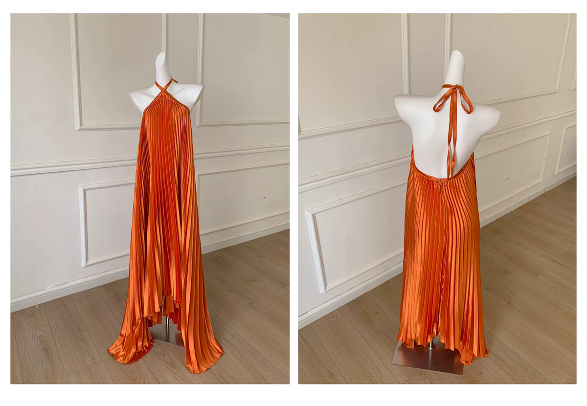 Orange Satin Pleated Halter Maxi Dress F0478