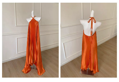 Orange Satin Pleated Halter Maxi Dress F0478
