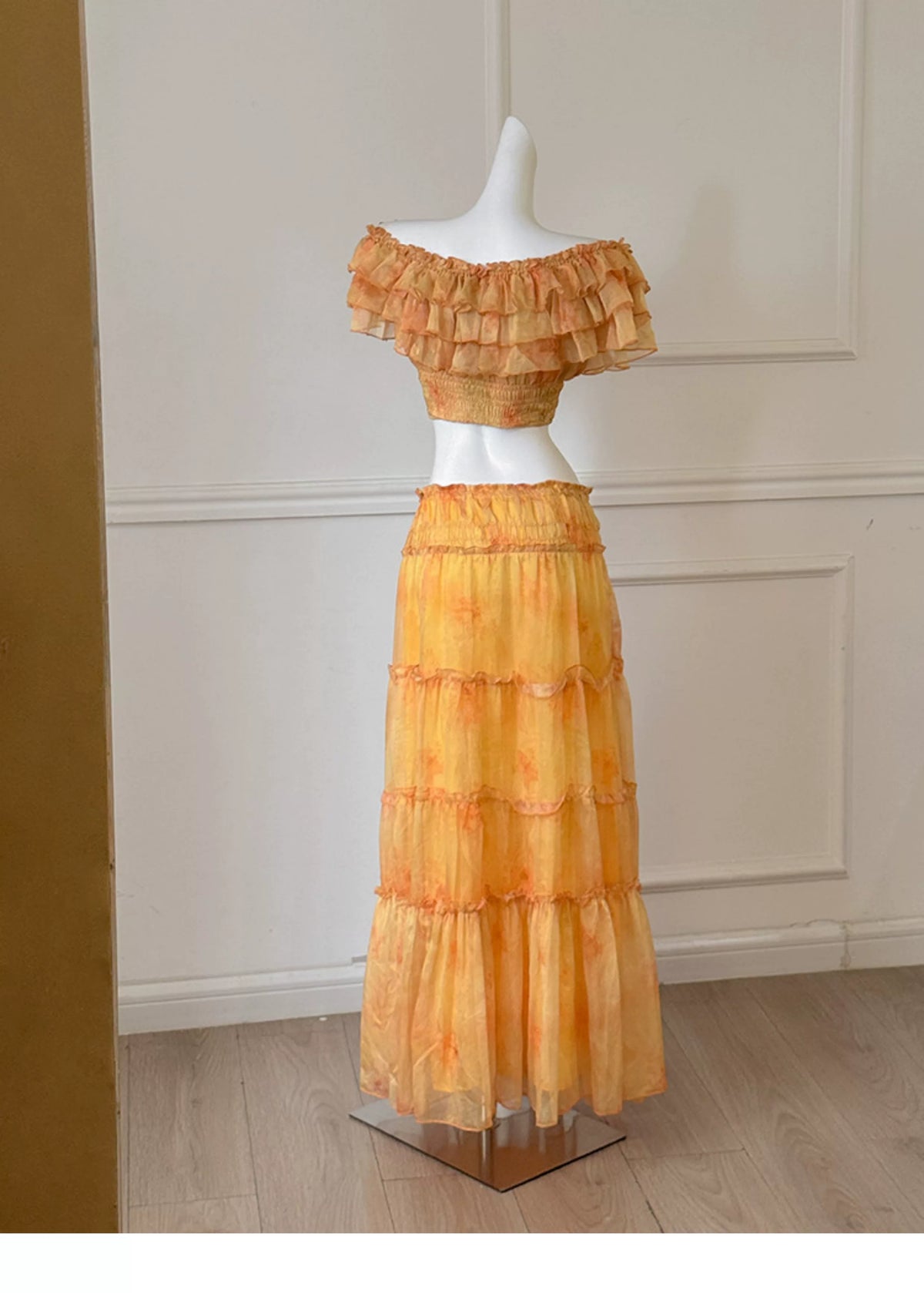 Orange Watercolor Off Shoulder Two Piece Maxi Dress F0475