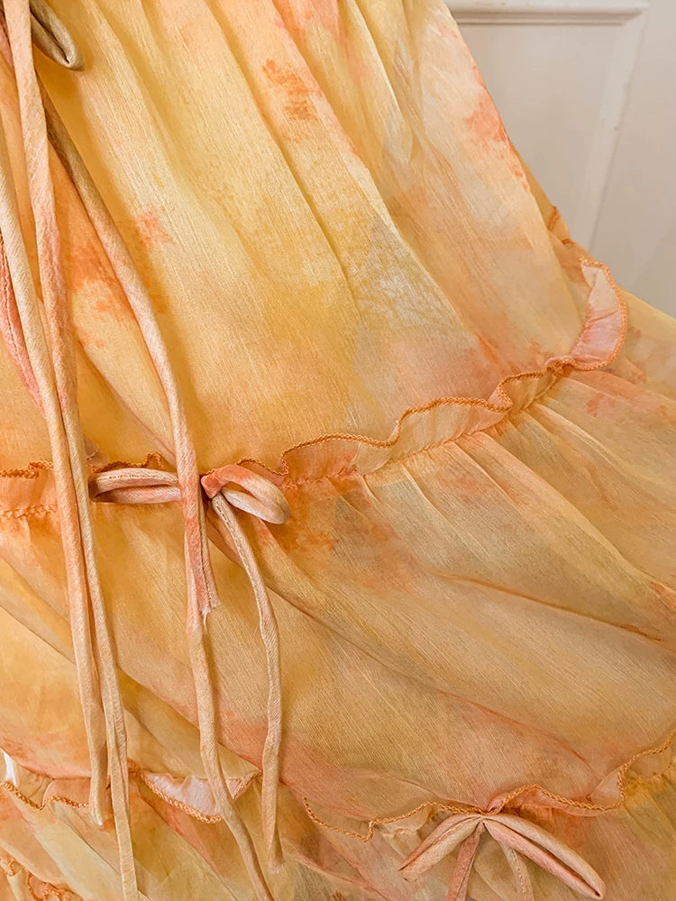 Orange Watercolor Off Shoulder Two Piece Maxi Dress F0475