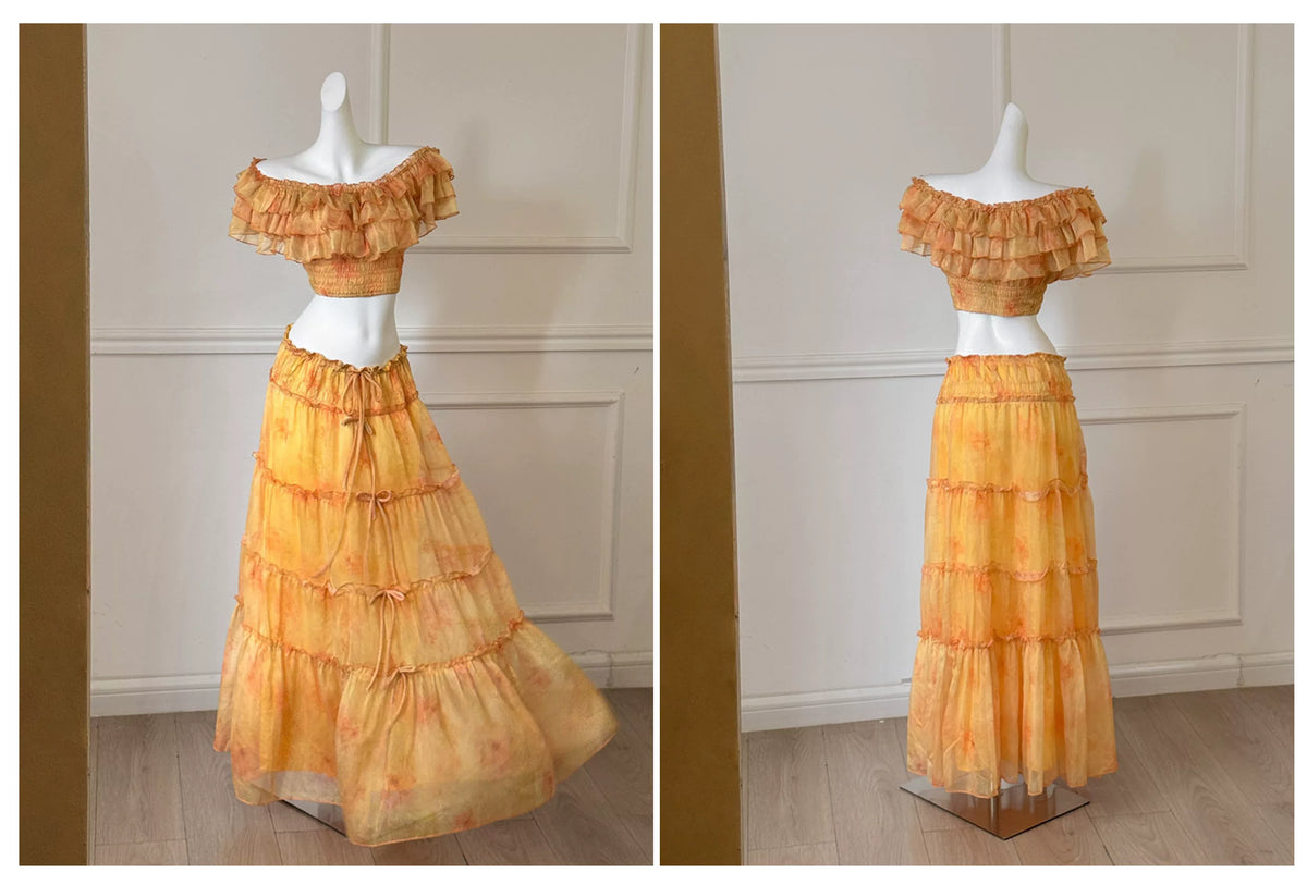 Orange Watercolor Off Shoulder Two Piece Maxi Dress F0475