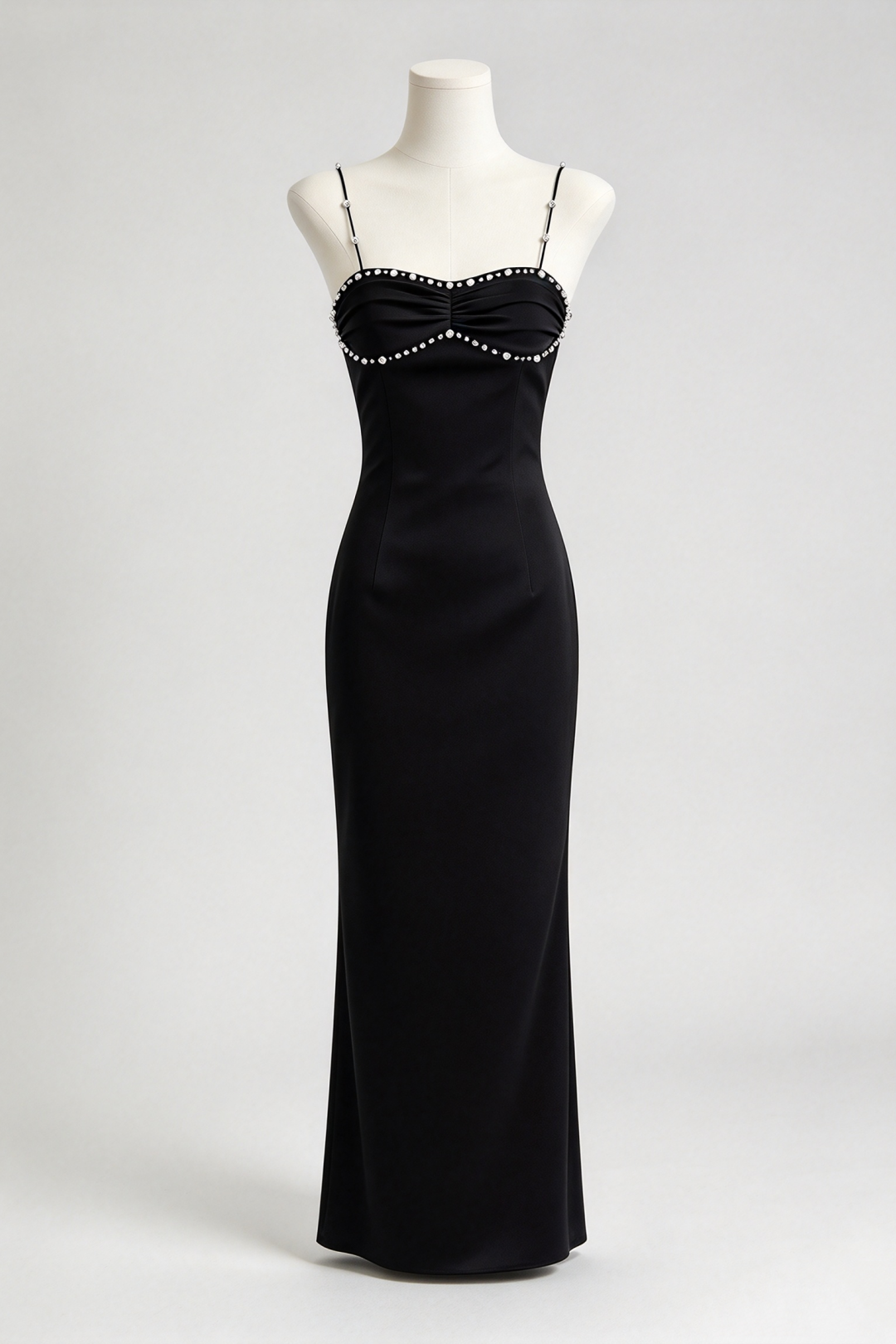 Original Design Black Satin Long Gown Rhinestone Spaghetti Straps Evening Dress F0405