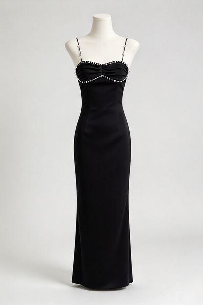 Original Design Black Satin Long Gown Rhinestone Spaghetti Straps Evening Dress F0405