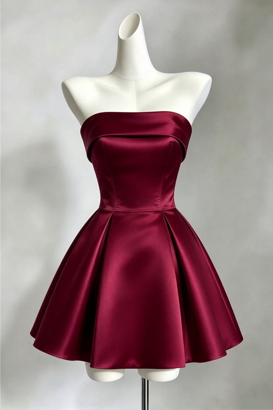 Original Design Dress Burgundy Strapless Satin A-line Mini Homecoming Dress F0339