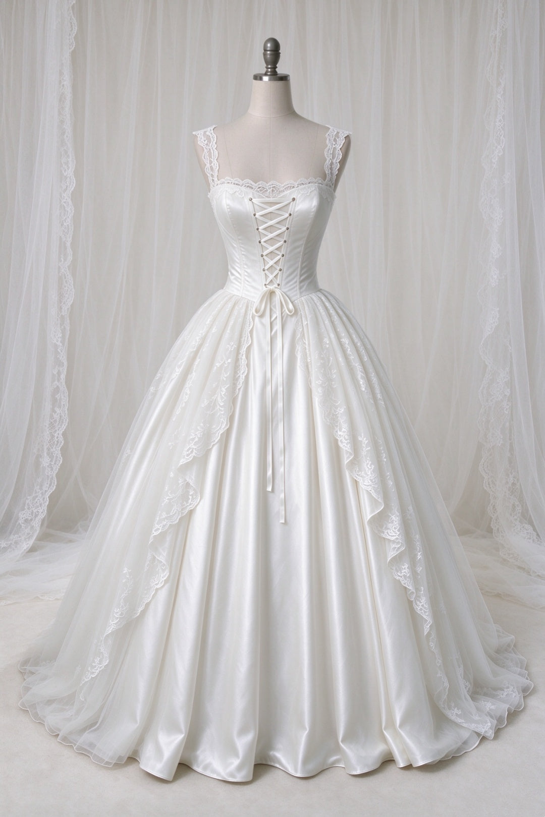 Original Design Ivory Lace Corset Ball Gown Wedding Dress Square Neck F0308