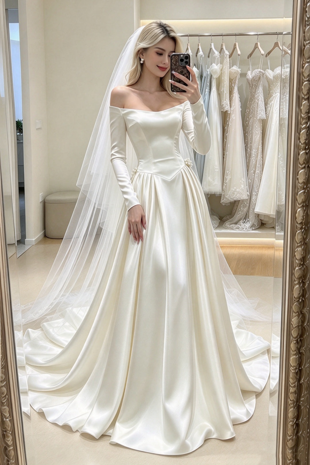 Original Design Off Shoulder Long Sleeve Satin A-line Wedding Dress F0407