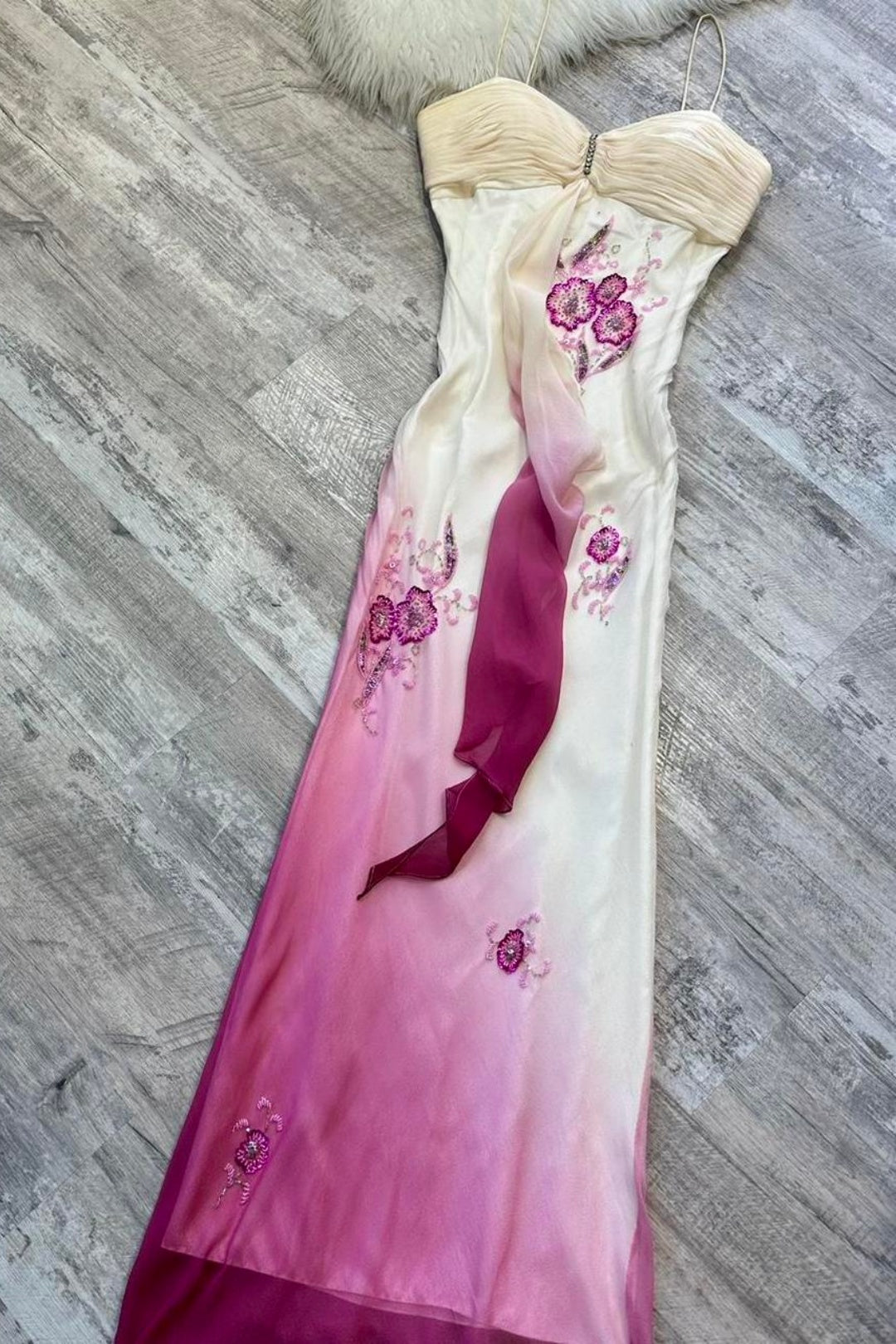 Ombre White Pink Spaghetti Strap Beaded Floral Evening Dress F0222