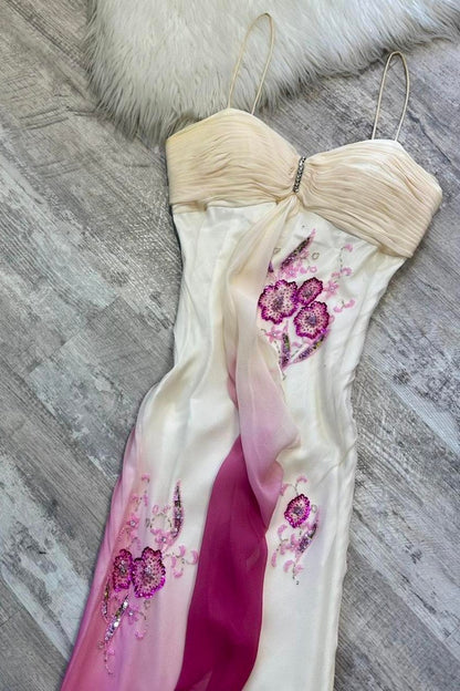 Ombre White Pink Spaghetti Strap Beaded Floral Evening Dress F0222