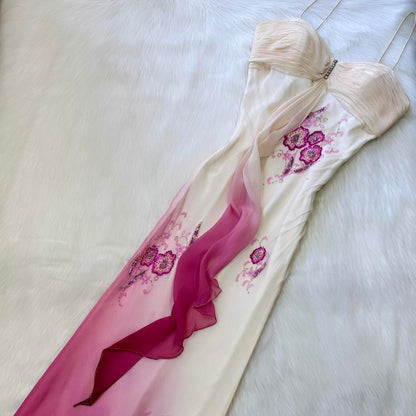 Ombre White Pink Spaghetti Strap Beaded Floral Evening Dress F0222