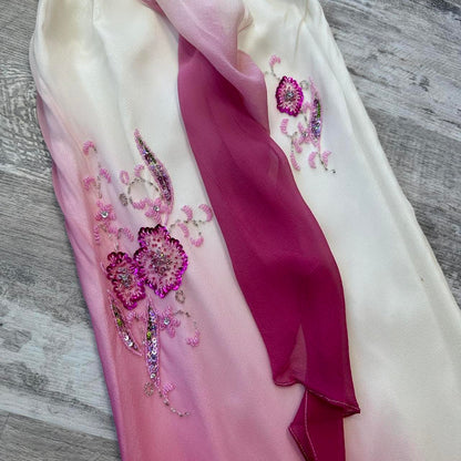 Ombre White Pink Spaghetti Strap Beaded Floral Evening Dress F0222