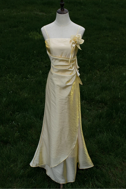 Light gold Shimmer Spaghetti Strap Mermaid Formal Dress with 3D Flower L020