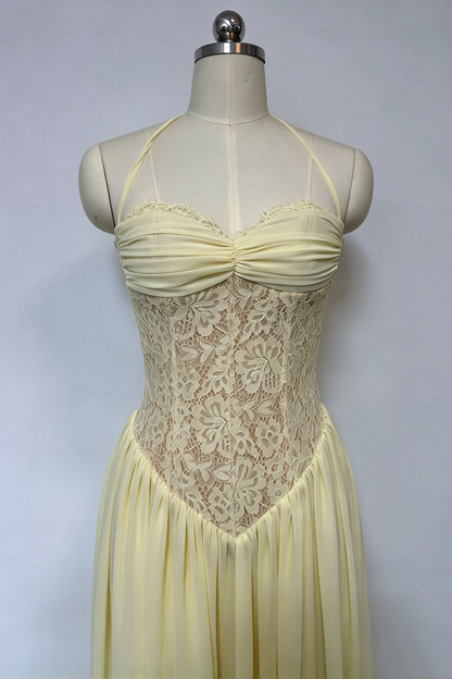 Pale Yellow Halter Lace Corset Chiffon Maxi Dress Formal Evening Gown L047