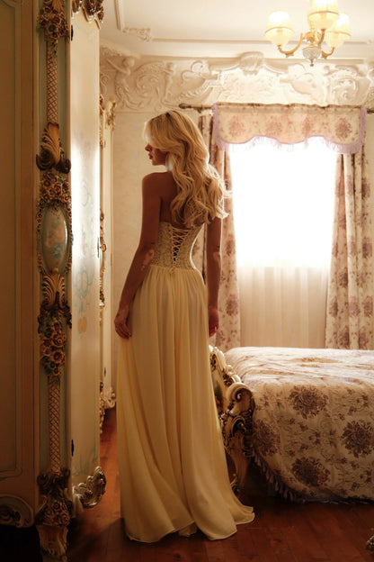 Pale Yellow Halter Lace Corset Chiffon Maxi Dress Formal Evening Gown L047