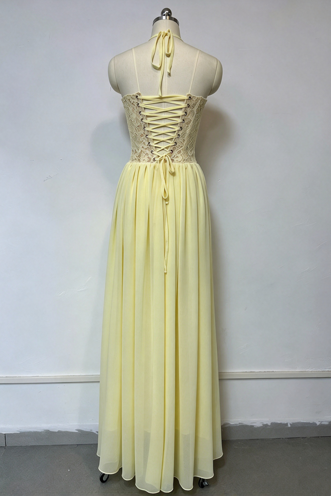 Pale Yellow Halter Lace Corset Chiffon Maxi Dress Formal Evening Gown L047