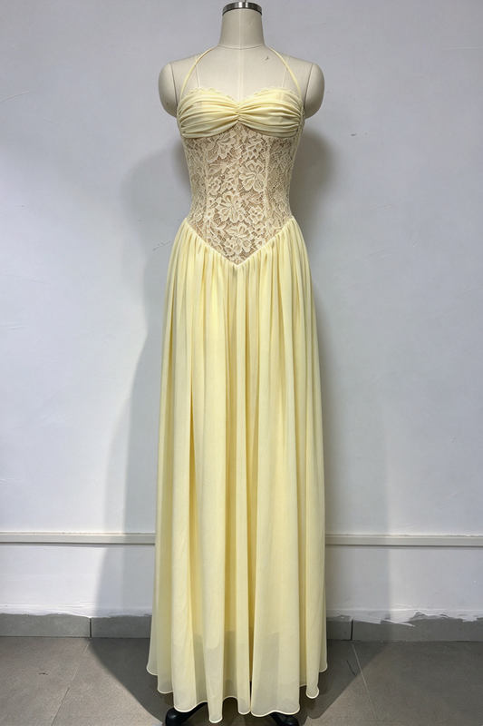Pale Yellow Halter Lace Corset Chiffon Maxi Dress Formal Evening Gown L047