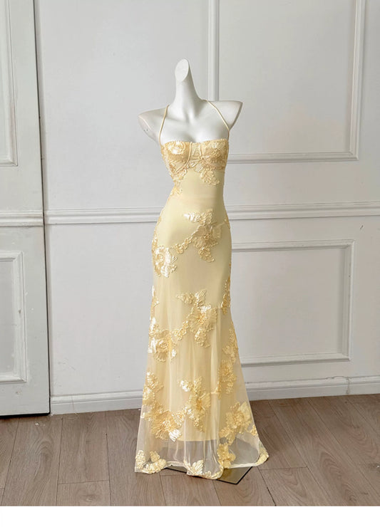 Pale Yellow Spaghetti Strap Lace Mermaid Long Evening Dress F0461