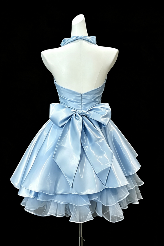 Hellblaues Satin-Minikleid mit Neckholder, festliches Partykleid aus Tüll mit großer Schleife und gestuften Rüschen F0010