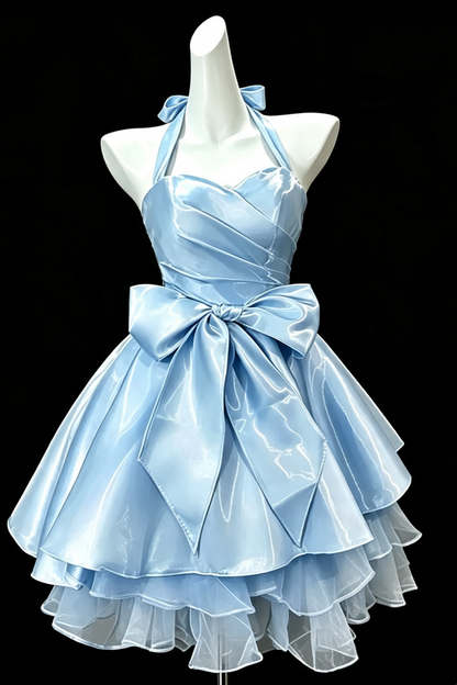 Hellblaues Satin-Minikleid mit Neckholder, festliches Partykleid aus Tüll mit großer Schleife und gestuften Rüschen F0010