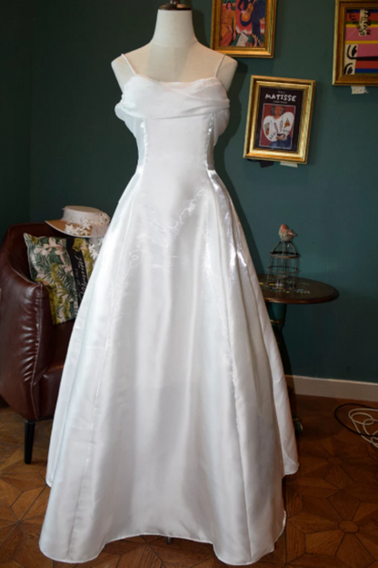 Pearlescent White Satin Spaghetti Strap A Line Formal Dress L025