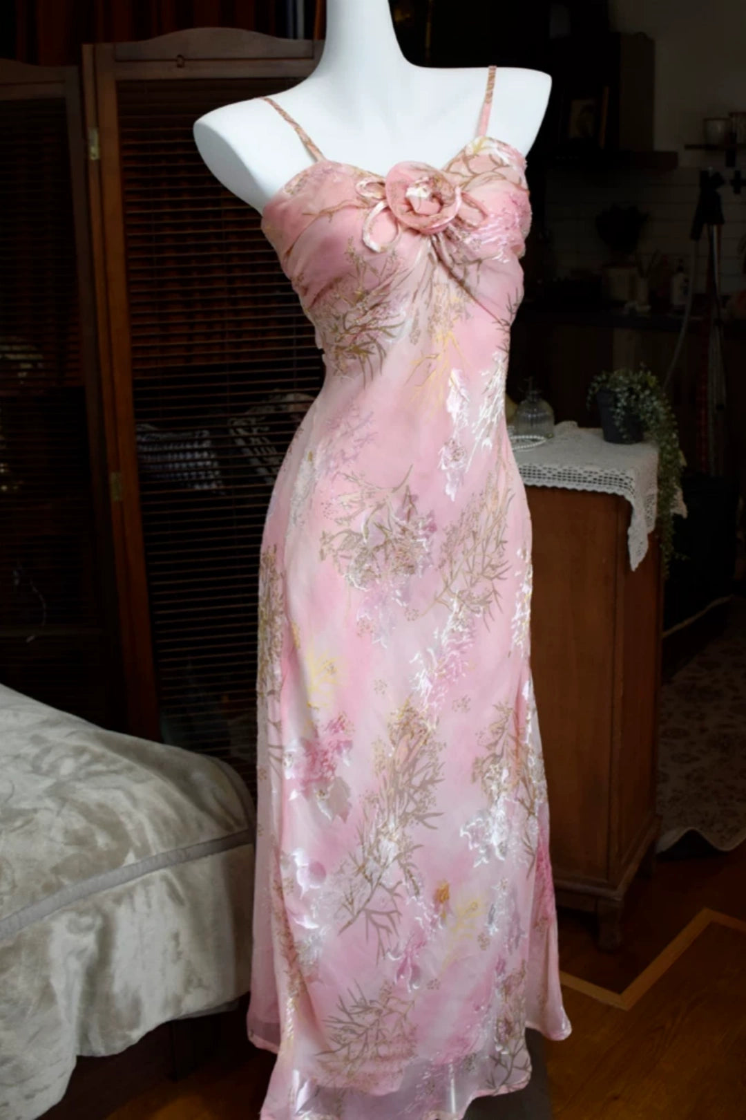 Pink Floral Chiffon Dress with 3D Flower Spaghetti Strap L037