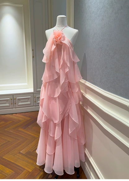 Pink Halter Ruffle Long Evening Dress With 3D Flower F0445