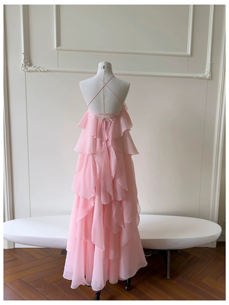 Pink Halter Ruffle Long Evening Dress With 3D Flower F0445