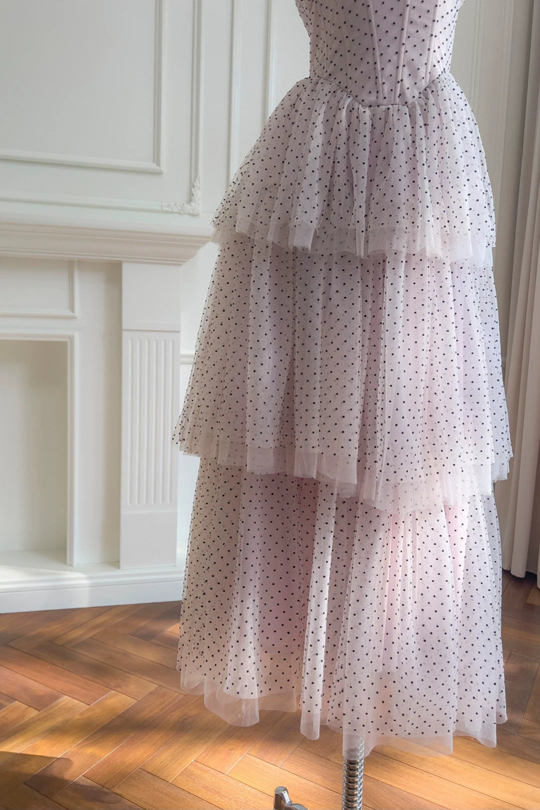Pink Polka Dot Tulle Halter Tiered Maxi Dress, Party Evening Dress F0430