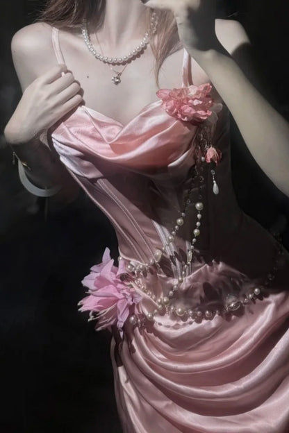 Pink Satin Spaghetti Strap Corset Evening Dress With Floral Pearl Chain F0525