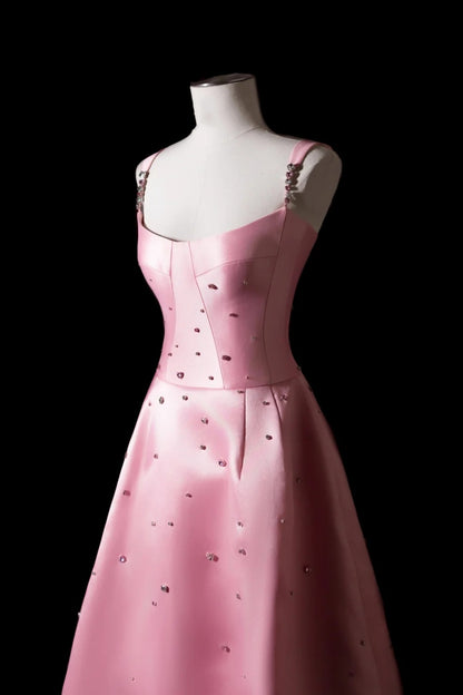 Pink Satin Spaghetti Straps Corset Evening Gown With Rhinestone Detailing F0371