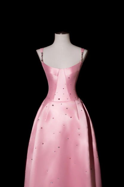 Pink Satin Spaghetti Straps Corset Evening Gown With Rhinestone Detailing F0371