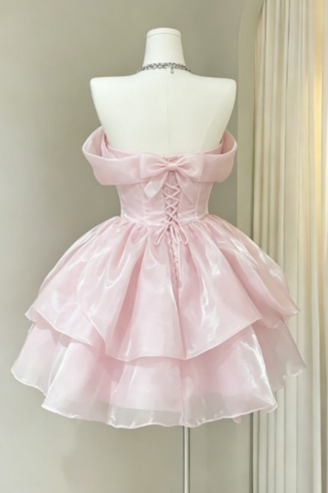 Pink Strapless Organza Homecoming Dress Bow Mini Princess Dress F0297