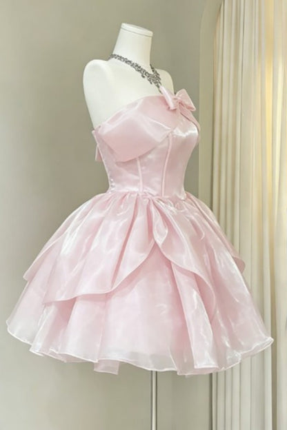 Pink Strapless Organza Homecoming Dress Bow Mini Princess Dress F0297