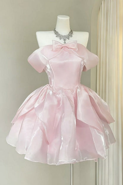 Pink Strapless Organza Homecoming Dress Bow Mini Princess Dress F0297