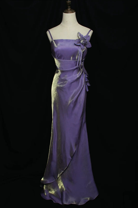 Purple Gold Shimmer Spaghetti Strap Mermaid Formal Dress with 3D Flower L021