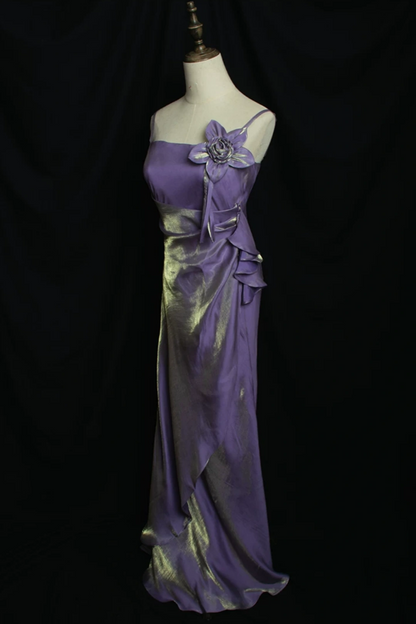 Purple Gold Shimmer Spaghetti Strap Mermaid Formal Dress with 3D Flower L021