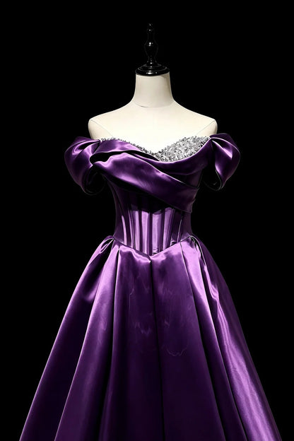 Purple Off Shoulder Satin Ball Gown Prom Dress F0345
